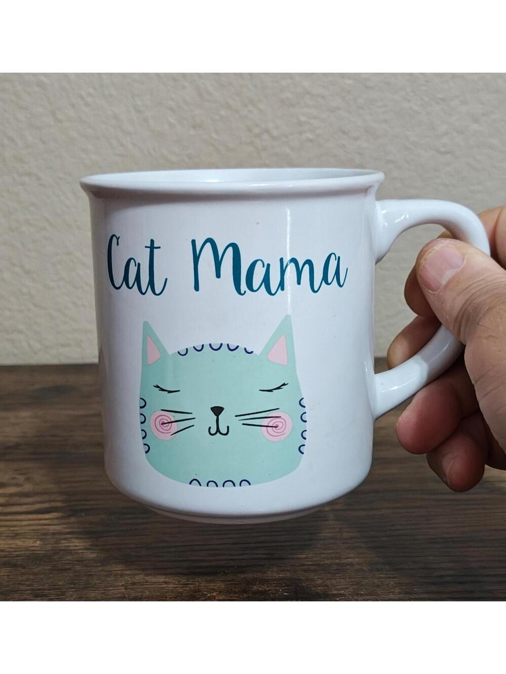 Fun Cat Mama Ceramic White & Blue Cat Mug